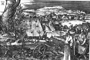 Альбрехт Дюрер. Пейзаж с пушкой. Офорт на меди, 1518