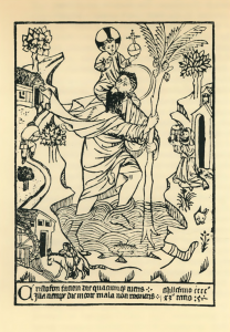 Неизвестный немецкий гравер Св. Христофор с младенцем. Одна из первых гравюр. Ок. 1476. Обрезная гравюра на дереве