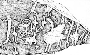 Страусы, человеческие фигуры и другие схематические изображения. Петроглифы. Мархума, северо-западная Сахара, Алжир