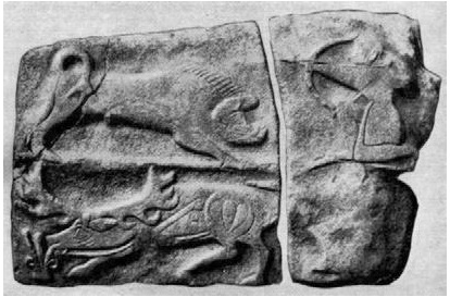 Ортостат с изображением сцен охоты – хетты украшали релеьфными плитами здания снаружи, изображения на стоящих рядом плитах могли быть не связаны друг с другом, в отличие от ассирийцев, создававших связные композиции внутри своих дворцов