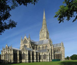 Salisbury Cathedral, Wiltshire, England, in early morning light. The cathedral has the tallest church spire in the UK.