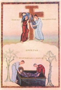 Снятие со креста и Положение во гроб. Миниатюра из Кодекса Эгберта, ок. 985 г.Трир, Городская библиотека
