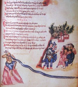 Хлудовская псалтырь, псалом «На реках Вавилонских» с маргинальными иллюстрациями, изображающими иудеев