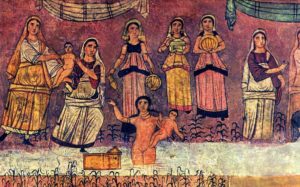 Фреска из синагоги в Дура-Европосе, изображающая библейский сюжет с младенцем Моисеем