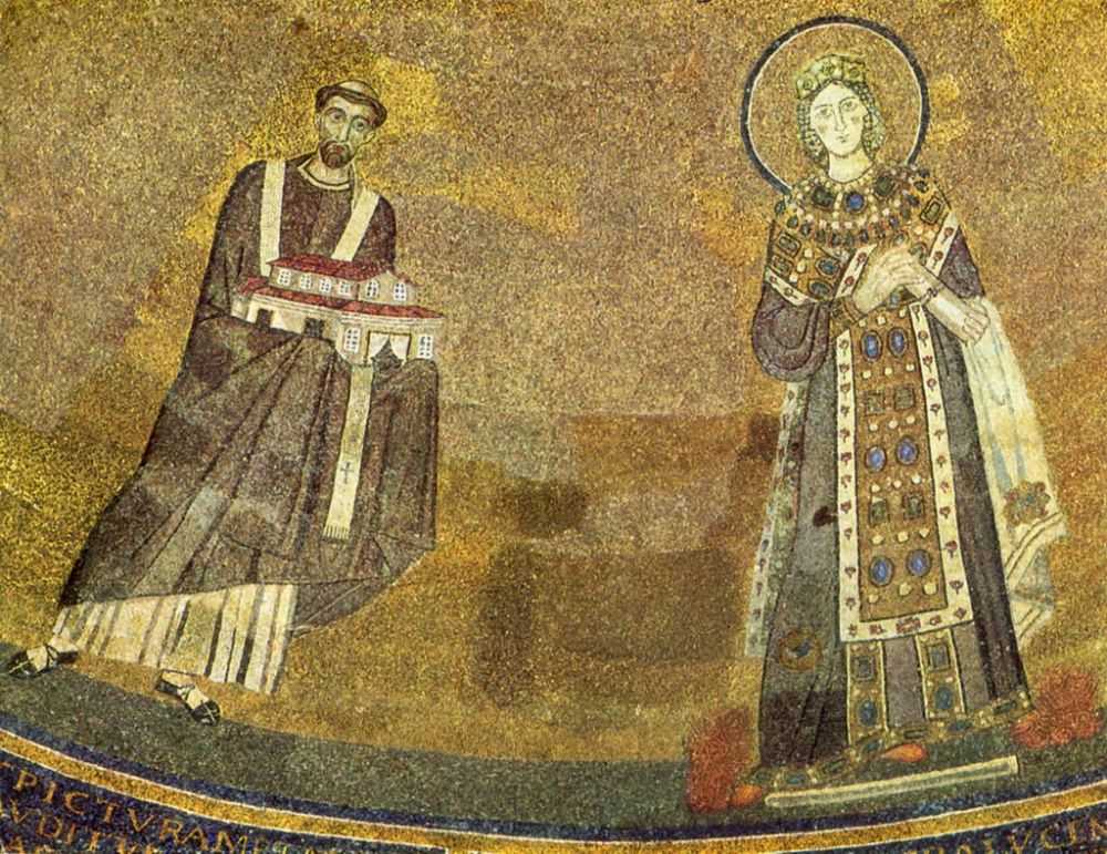 Папа Гонорий вручает святой Агнессе модель храма. Около 625 г. Мозаика. Рим. Сант Аньезе Фуори ле Мура