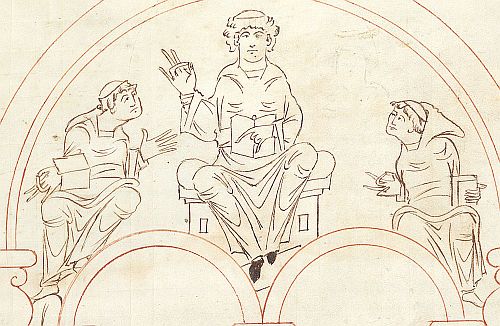f. 10 Псалтирь Эадуи. св. Бенедикт, сообщающий монахам новый устав; фрагмент Таблицы Пасхалий