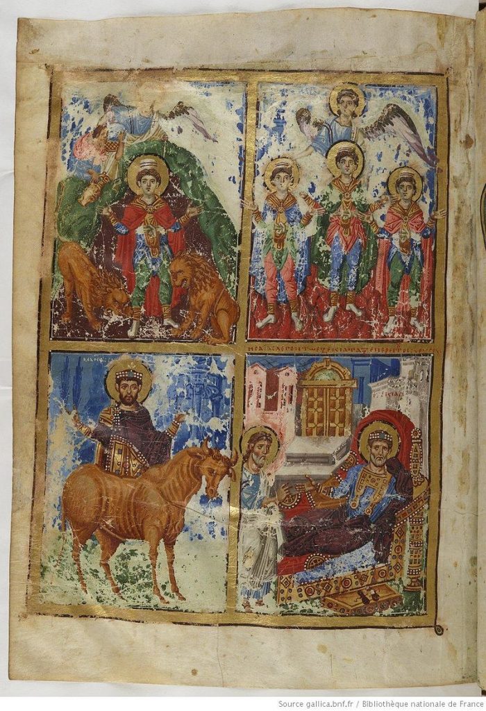 наверху пророк Даниил во рву с львами, Три отрока в пещи огненной. внизу царь Манассия, пророк Исайя и царь Езекия