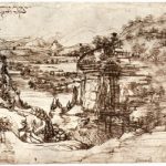 Леонардо да Винчи Пейзаж долины Арно 1473 193 х 285 мм Перо коричневым тоном, на бумаге Флоренция. Галерея Уффици, Кабинет рисунков и гравюр