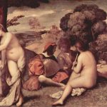 Джорджоне Сельский концерт 1500-1510 110 x 138 см Холст Париж. Лувр С равной достоверностью приписывается Джорджоне и Тициану Вичелио