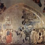 Пьеро делла Франческа Цикл фресок на сюжет легенды о Животворящем кресте в хорах церкви Сан Франческо в Ареццо. Смерть и погребение Адама 1452-1466 Фреска Ареццо. Сан Франческо
