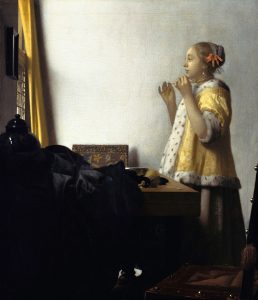 Женщина с жемчужным ожерельем. 1662—1665 нидерл. Vrouw met parelsnoer Масло, Холст. 55 × 45 см Берлинская картинная галерея, Берлин