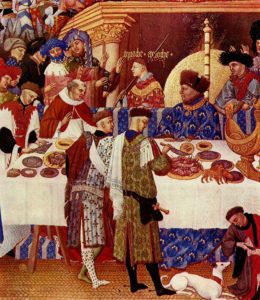 «Великолепный часослов герцога Беррийского» месяц Январь (фрагмент). Герцог изображён сидящим за столом в синей робе