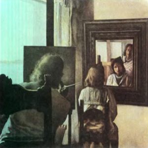 Дали, рисующий Гала со спины, с шестью запечатленными добродетельными оболочками глаз, условно отраженными шестью настоящими зеркалами. 1972-73