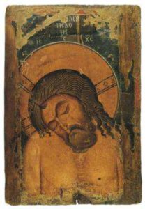 Двусторонняя икона с образом Богоматери Одигитрии на лицевой стороне. Кастория. Оборотная сторона - Христос во гробе