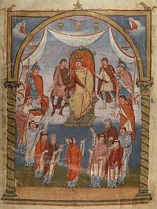 Братия турского аббатства св. Мартина преподносит Библию королю Карлу. Миниатюра на листе 423