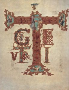 Инициал «Т» из Сакраментария Дрогона, 850—855 гг. Париж, Национальная библиотека
