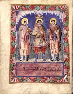 Карл Великий и папы римские Геласий I и Григорий I. Миниатюра из молитвенника короля Карла II Лысого