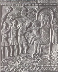Поклонение волхвов. Рельеф алтари герцога Ратхиса. 731—734 гг Чивидале, церковь Сан Мартино