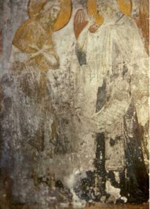 Ангел вручает монастырский устав преподобному Пахомию. Фреска Успенского собора на Городке в Звенигороде. Около 1400 г.