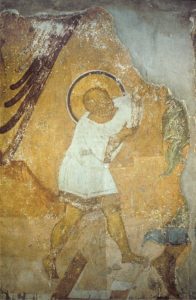Мастер Даниил. Ангел ведет младенца Иоанна Предтечу в пустыню. Фреска жертвенника Успенского собора во Владимире. 1408 г. Иоанн.
