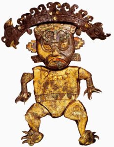 Статуэтка кошкообразного божества. 100 - 700 н. э., Америка. Медь, красная раковина, бирюза, самоцветы; позолота. Национальный археологический музей Брунинг. Ламбайеке, Лима